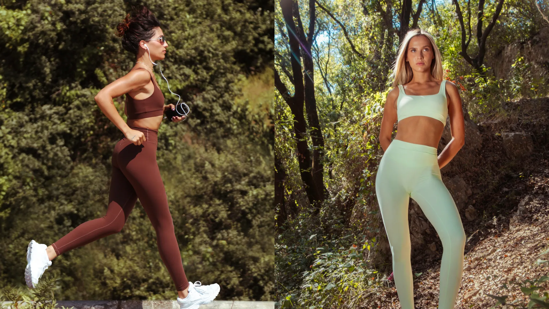 Two women in Estelia activewear outdoors — one running a woodland trail, one standing on a sunlit hillside path.